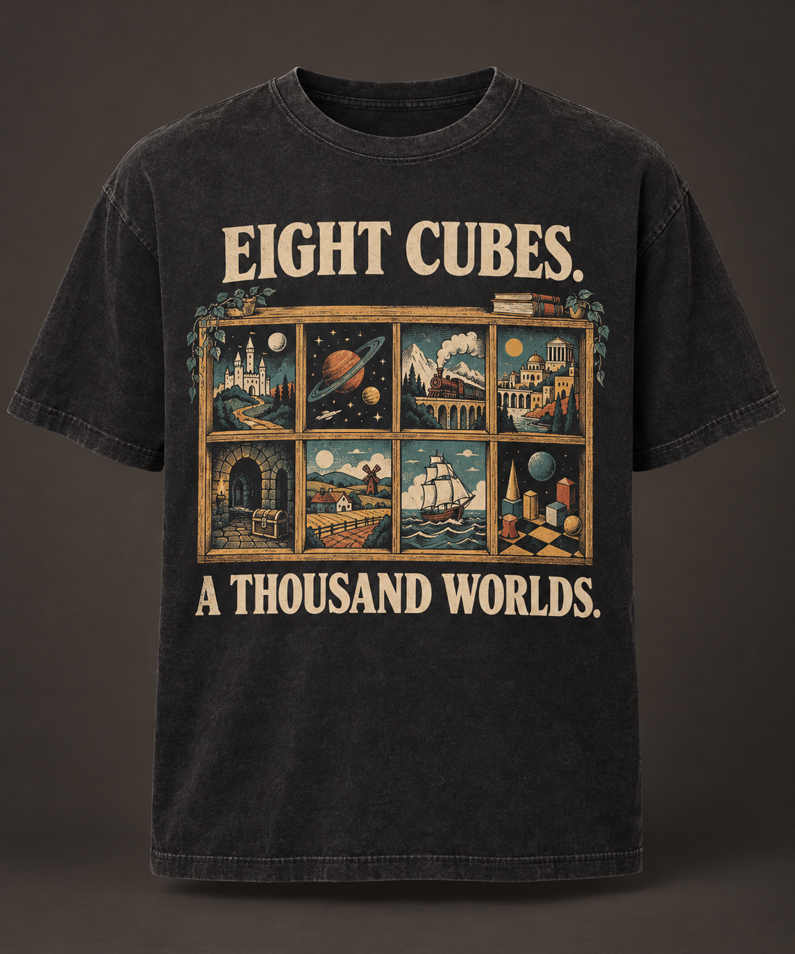 Eight Cubes, A Thousand Worlds washed-black T-shirt mockup
