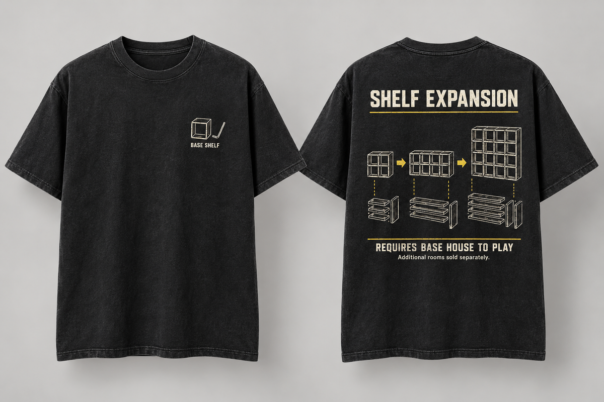 Shelf Expansion washed-black T-shirt front and back mockup