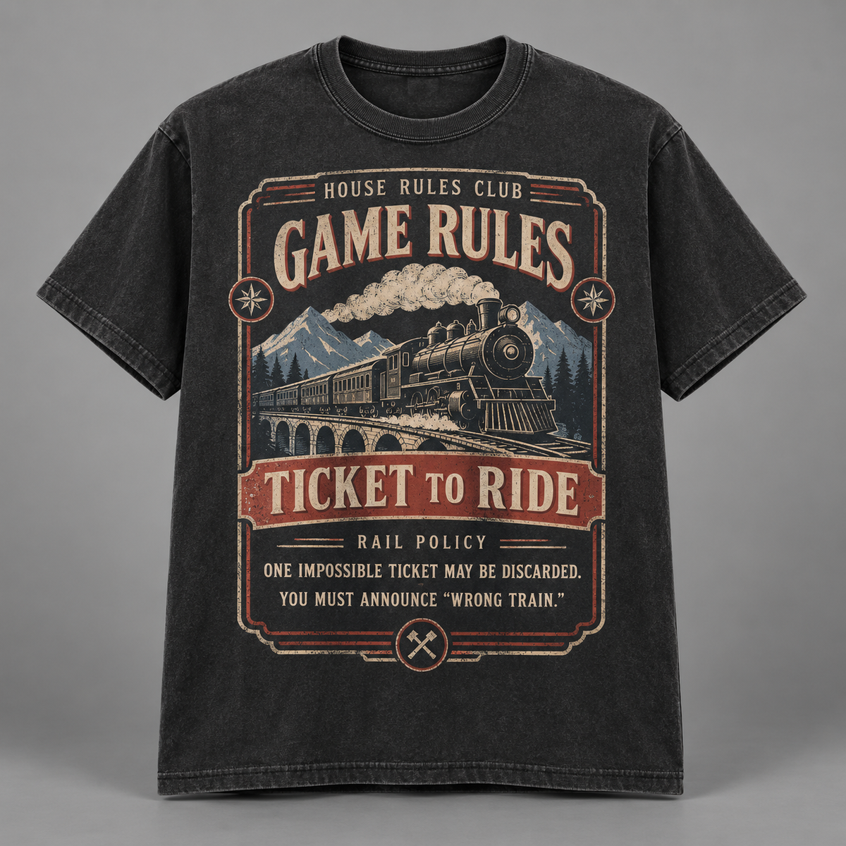 Ticket to Ride Rail Policy t-shirt mockup