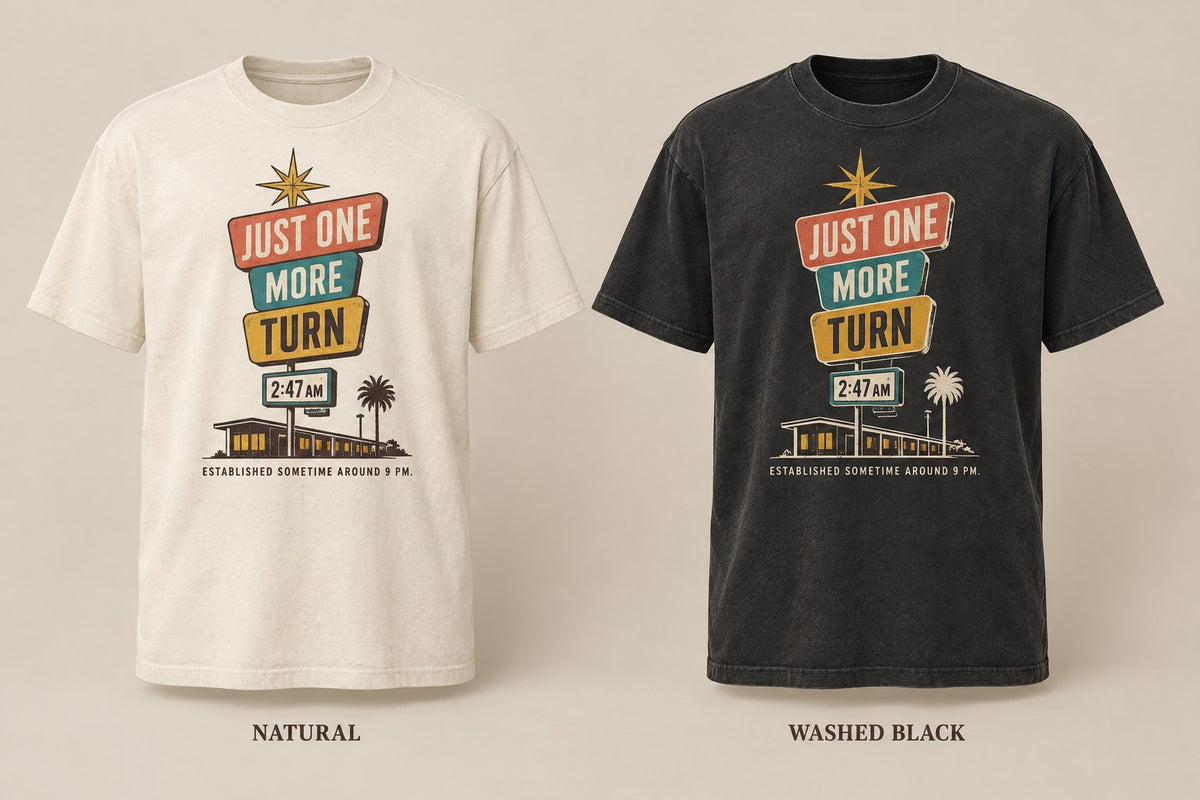 Just One More Turn T-shirt mockup in Natural/Cream and Washed Black
