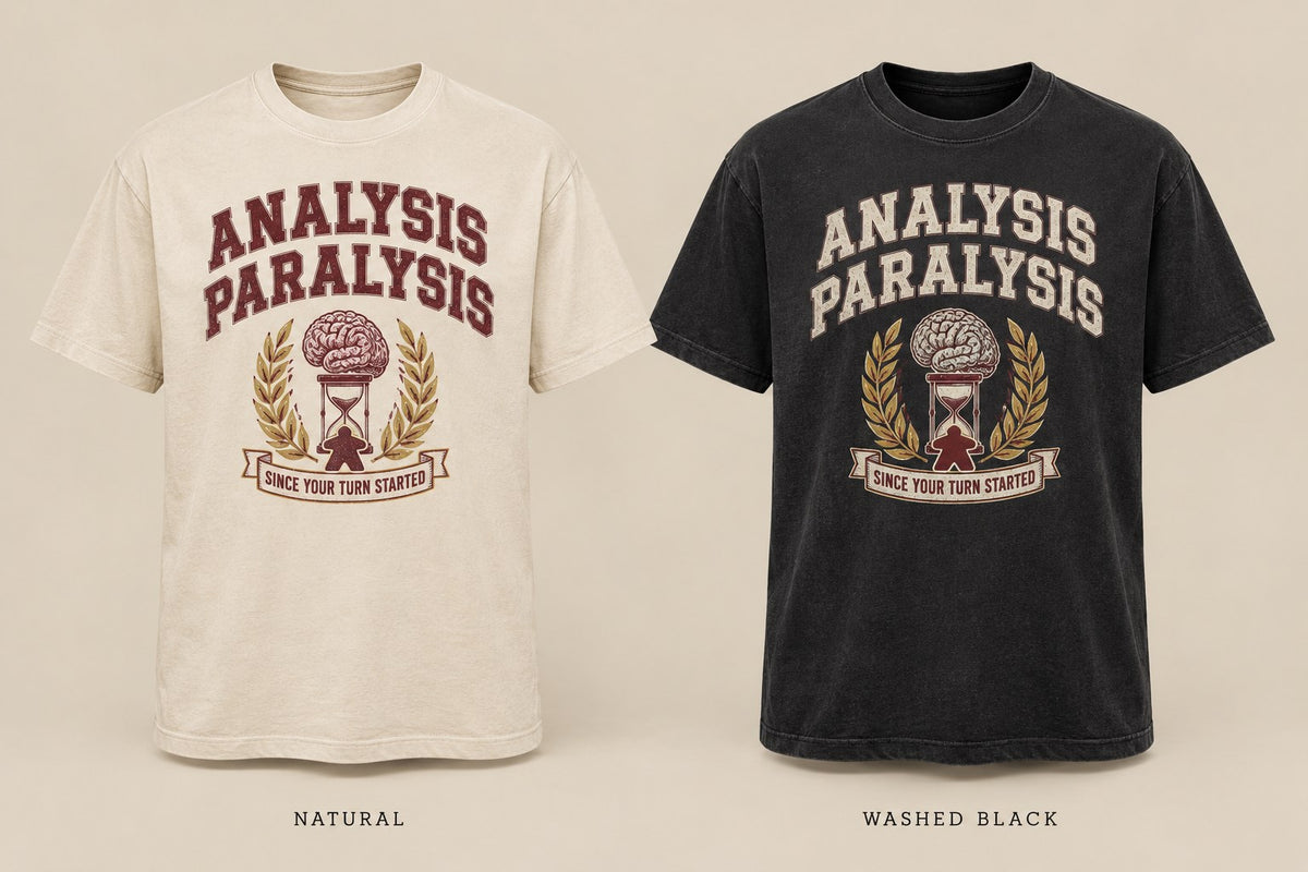 Analysis Paralysis Club T-shirt mockup in Natural/Cream and Washed Black