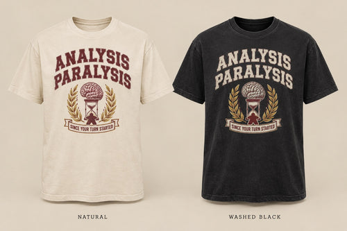 Analysis Paralysis Club T-shirt mockup in Natural/Cream and Washed Black