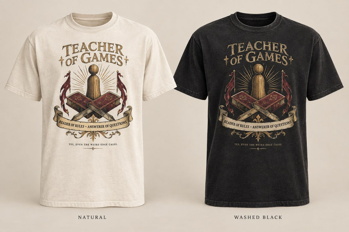 Teacher of Games T-shirt mockup in Natural/Cream and Washed Black