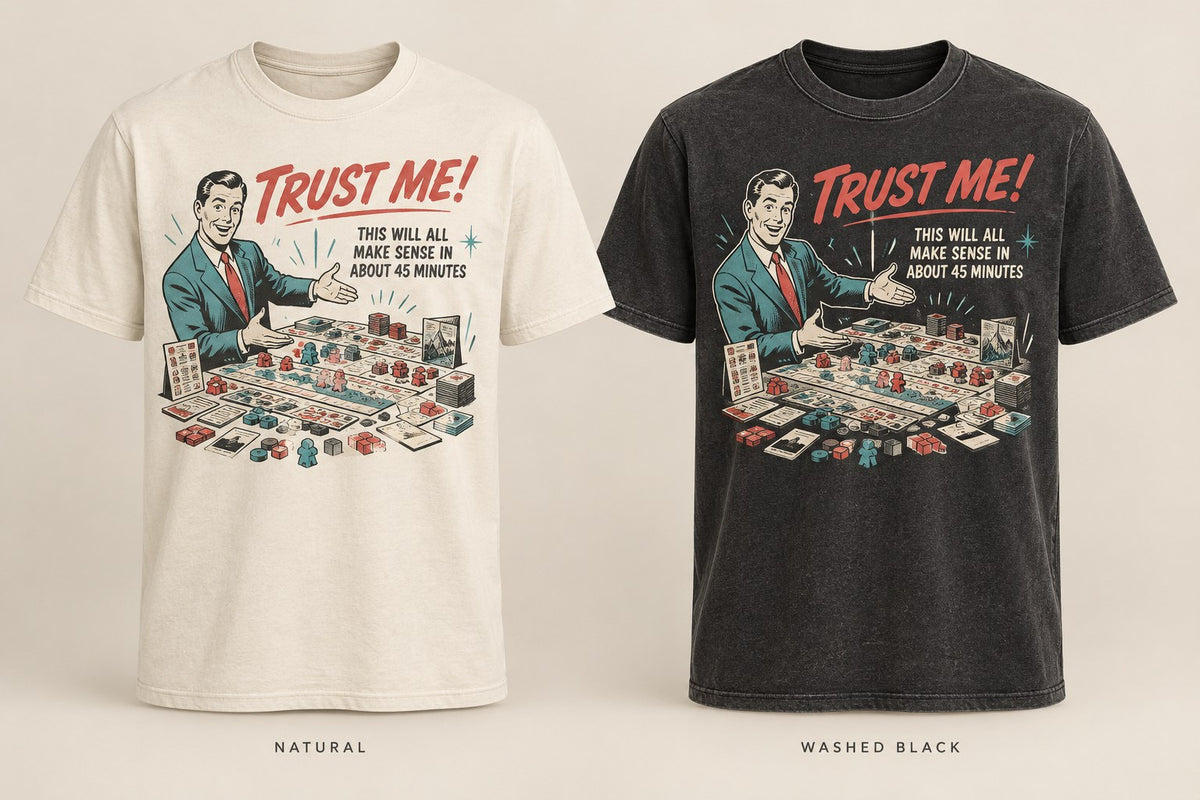 Trust Me T-shirt mockup in Natural/Cream and Washed Black