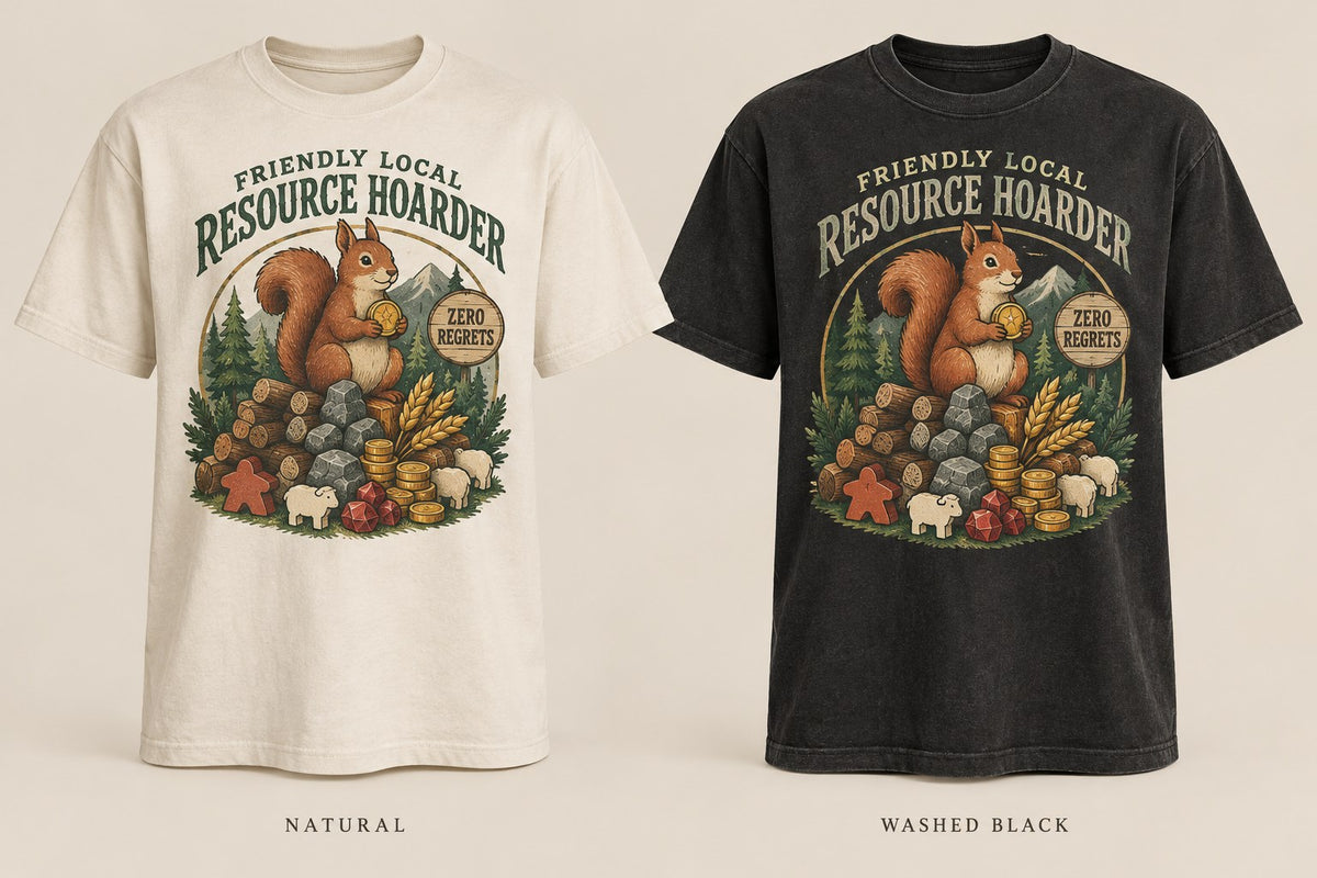 Friendly Local Resource Hoarder T-shirt mockup in Natural/Cream and Washed Black