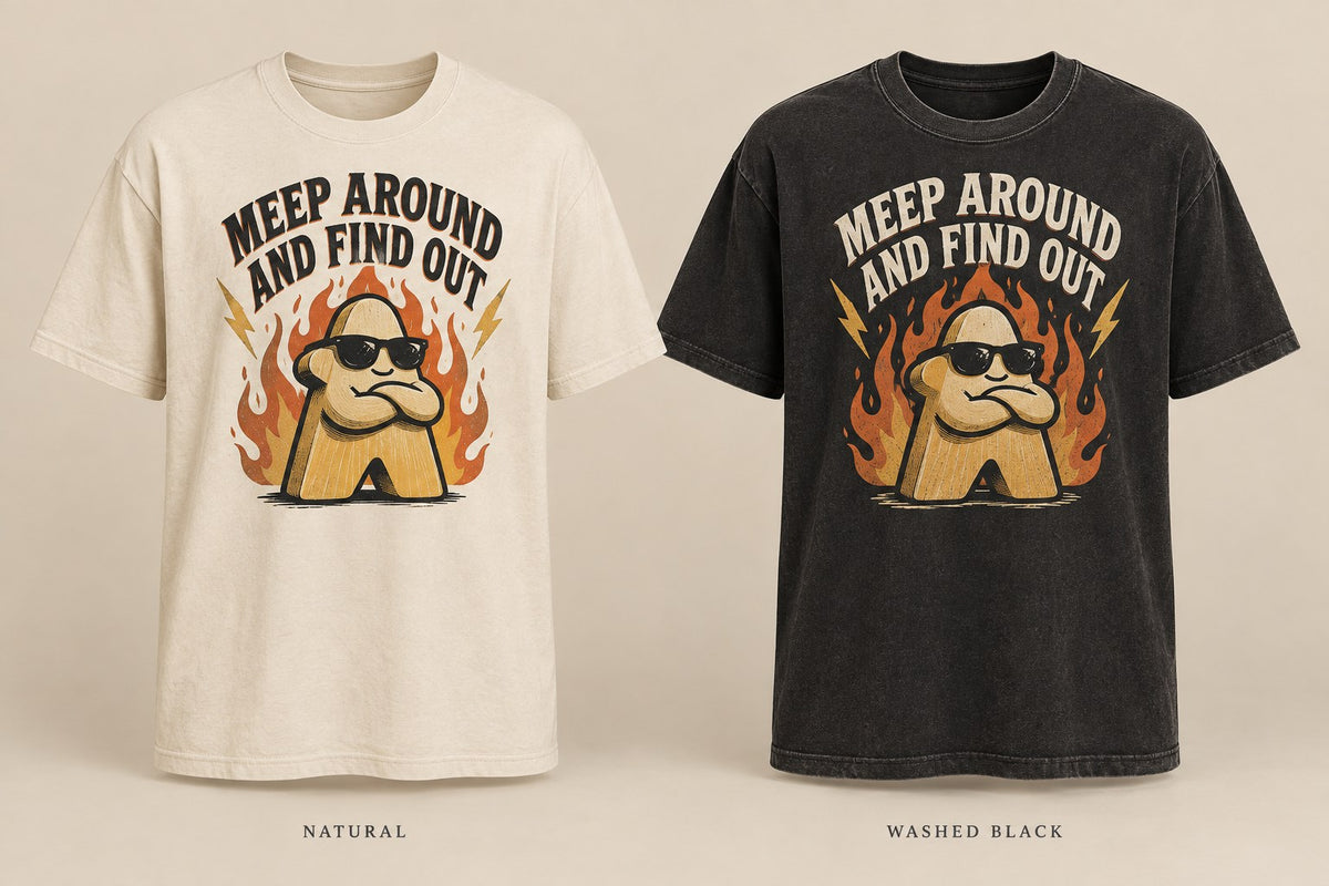 Meep Around and Find Out T-shirt mockup in Natural/Cream and Washed Black