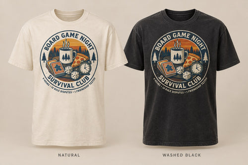 Board Game Night Survival Club T-shirt mockup in Natural/Cream and Washed Black