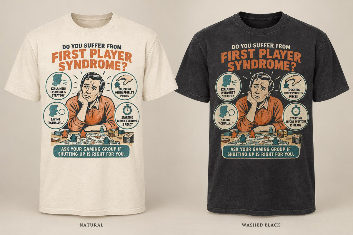 First Player Syndrome T-shirt mockup in Natural/Cream and Washed Black
