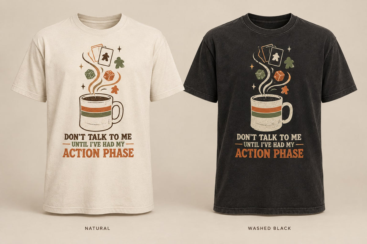 Don't Talk Until My Action Phase T-shirt mockup in Natural/Cream and Washed Black