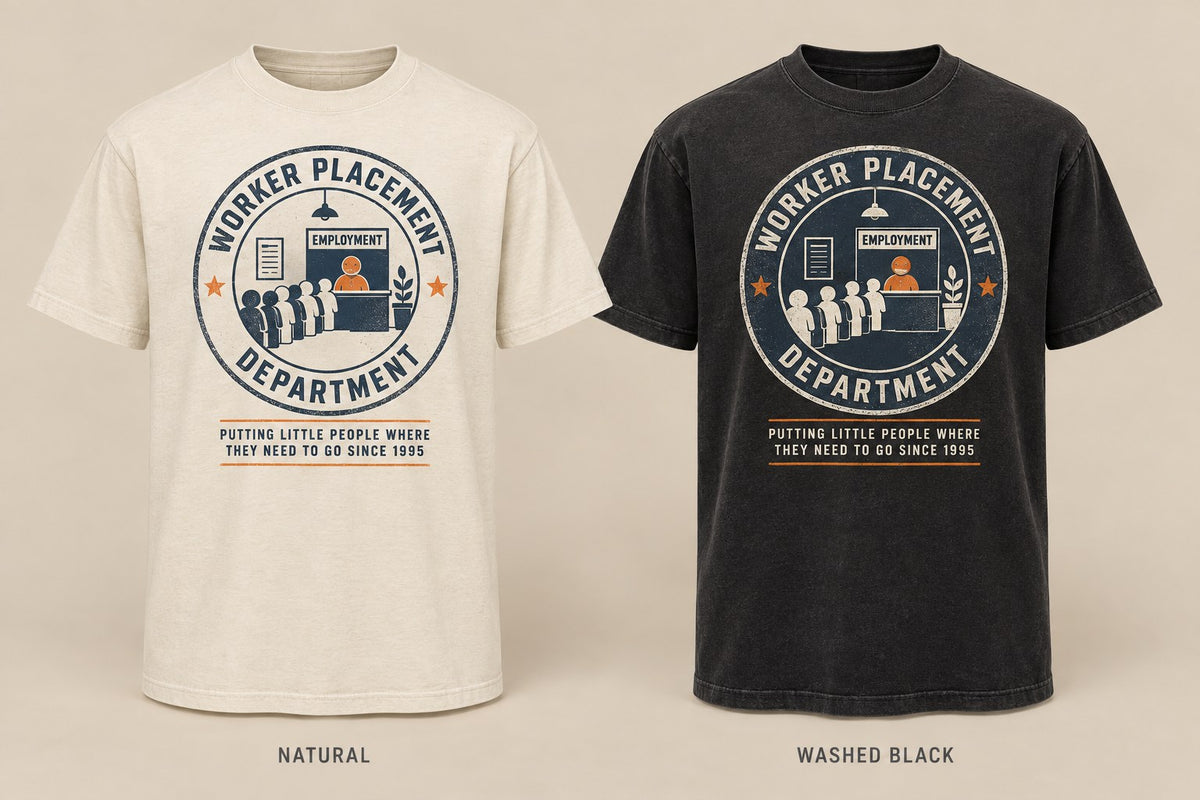 Worker Placement Department T-shirt mockup in Natural/Cream and Washed Black