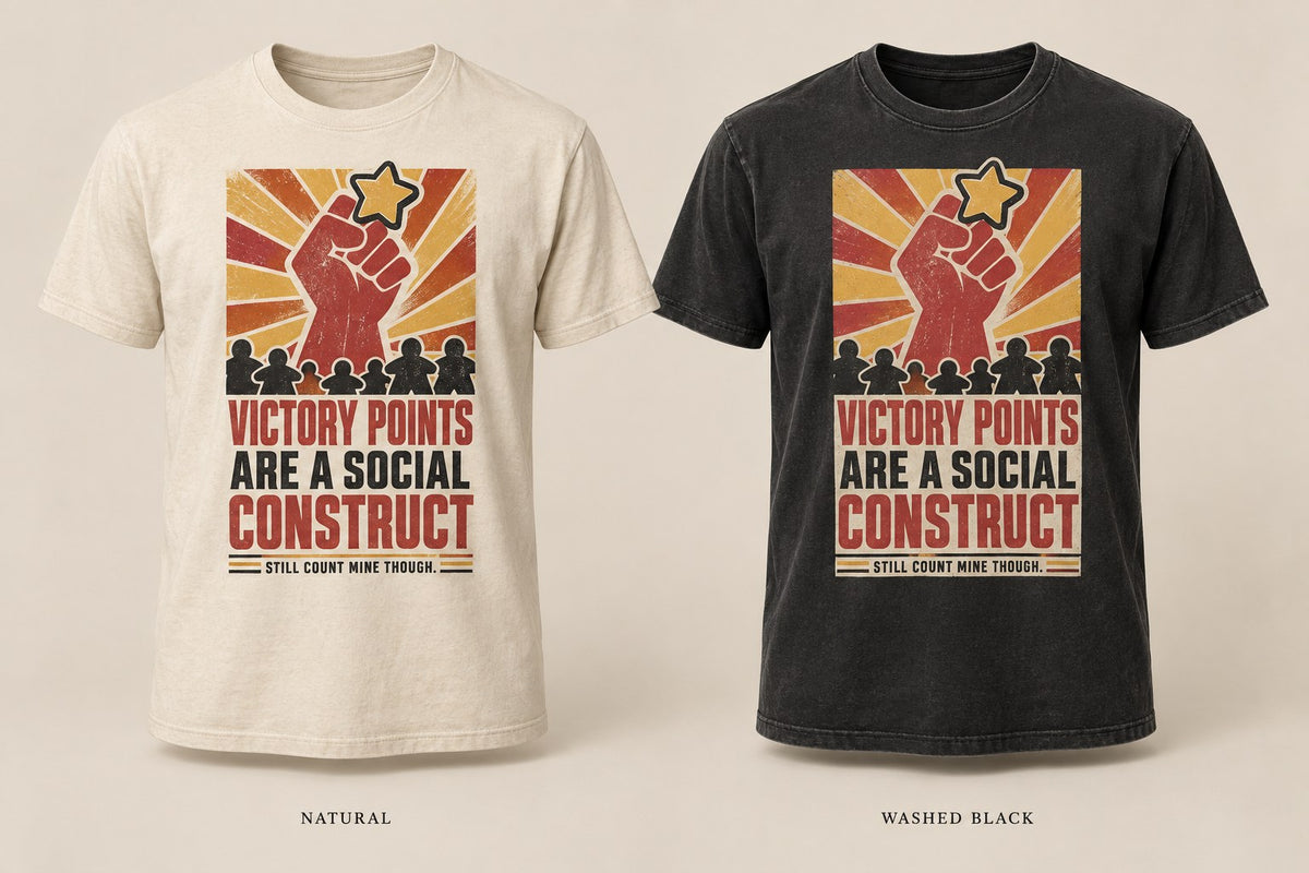 Victory Points Are a Social Construct T-shirt mockup in Natural/Cream and Washed Black