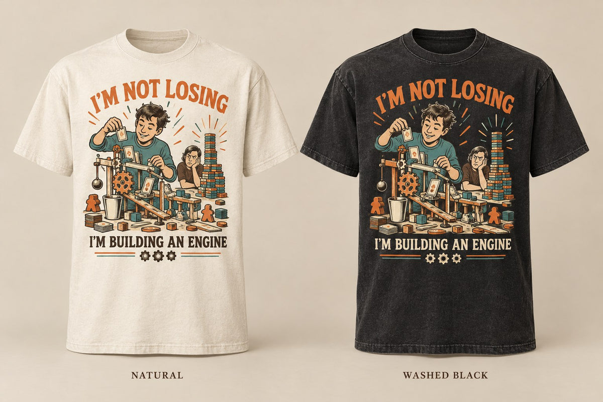 I'm Building an Engine T-shirt mockup in Natural/Cream and Washed Black