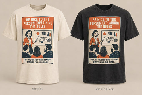 Be Nice to the Rules Teacher T-shirt mockup in Natural/Cream and Washed Black