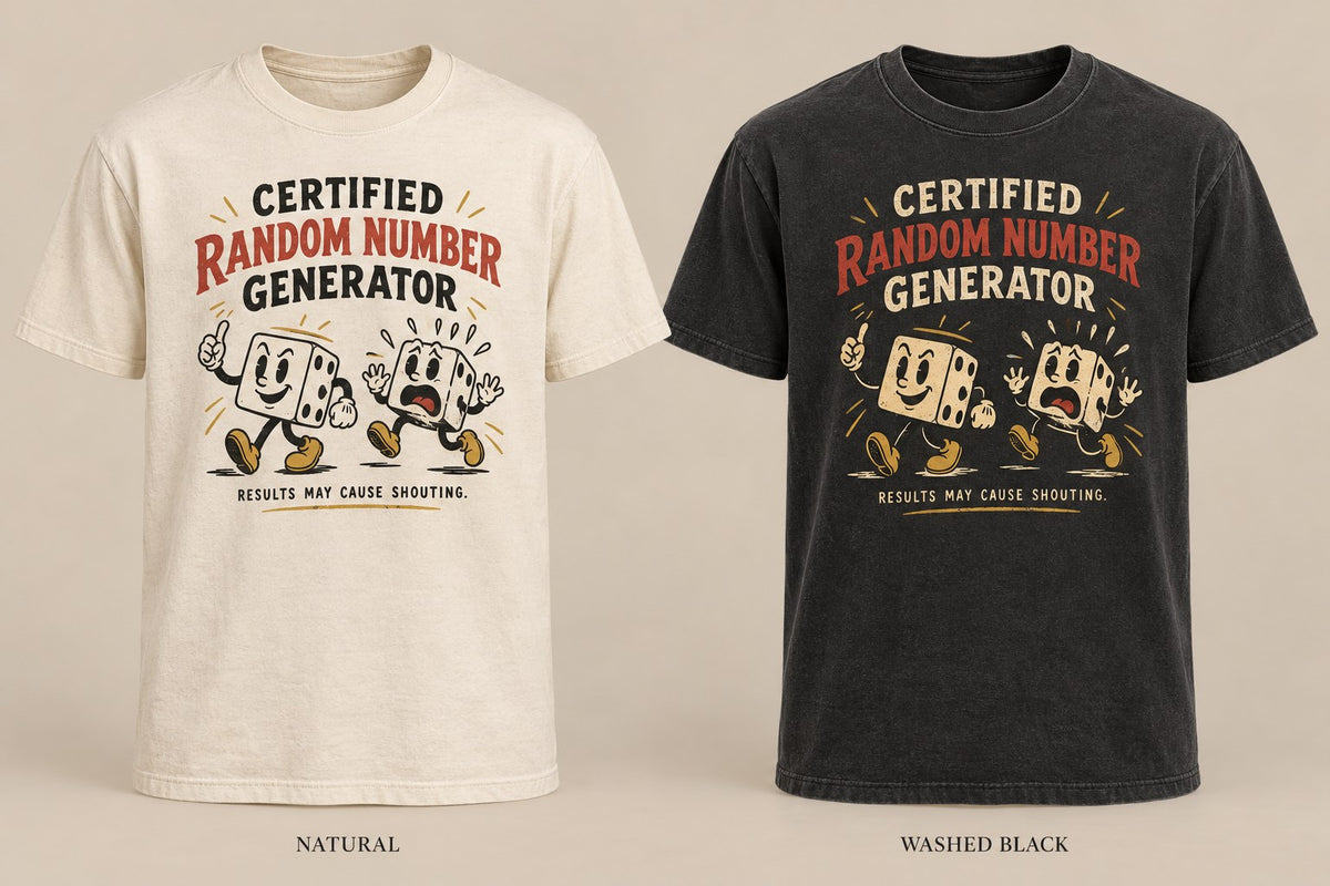 Certified Random Number Generator T-shirt mockup in Natural/Cream and Washed Black