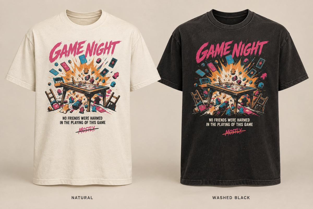 No Friends Were Harmed T-shirt mockup in Natural/Cream and Washed Black